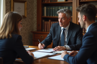 Notaire en costume expliquant des documents à un jeune couple