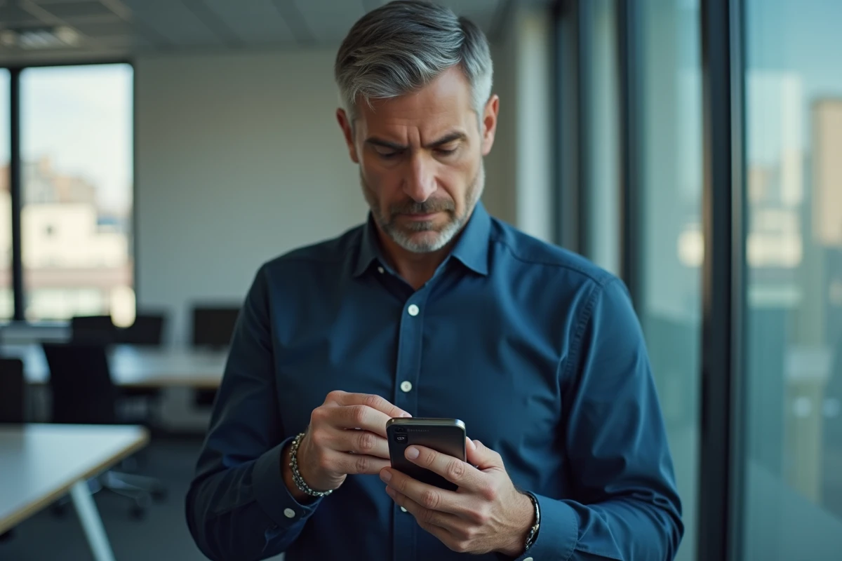 Homme en bureau examinant un appel entrant depuis un numéro gratuit inconnu sur son téléphone