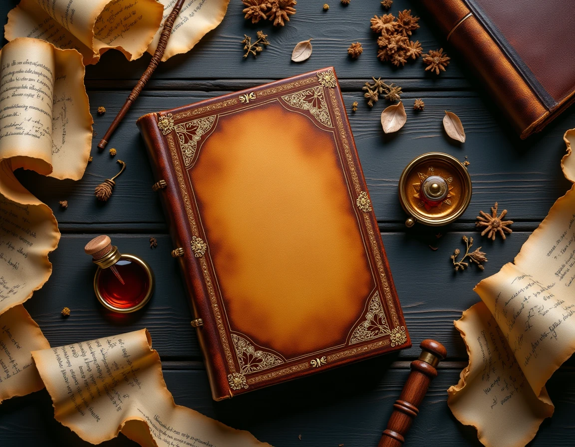Composition à plat d'objets magiques sur table en chêne : livre de sorts relié cuir, baguette sculptée, parchemins et fioles, univers Harry Potter