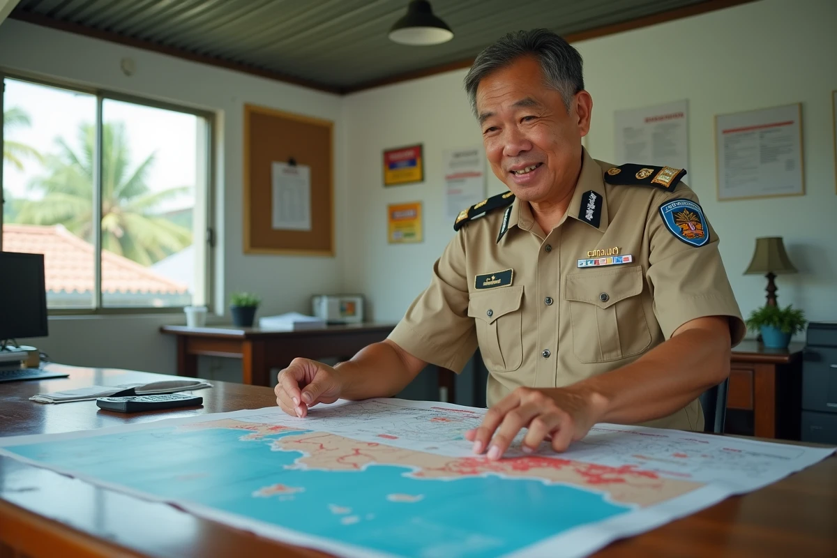 Officier thaïlandais de la gestion des risques étudiant des cartes d'évacuation côtière dans un bureau administratif à Phuket, Thaïlande