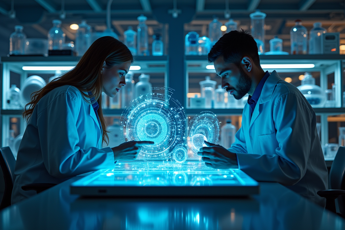 Laboratoire moderne avec ordinateur quantique et chercheurs en hologrammes