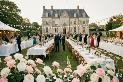 Vue panoramique d'un événement élégant en plein air en Normandie avec tables dressées, invités en tenue de soirée et manoir normand en arrière-plan