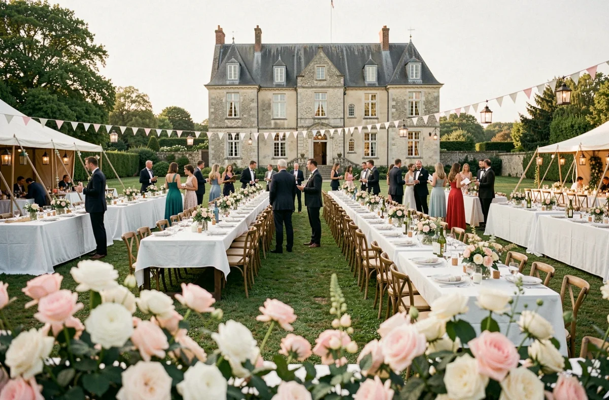 Vue panoramique d'un événement élégant en plein air en Normandie avec tables dressées, invités en tenue de soirée et manoir normand en arrière-plan