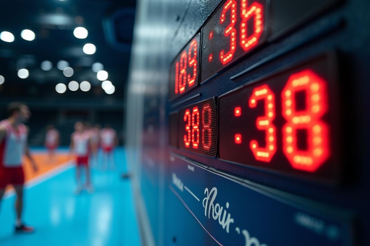 Zoom sur le tableau de score du match de handball en intérieur
