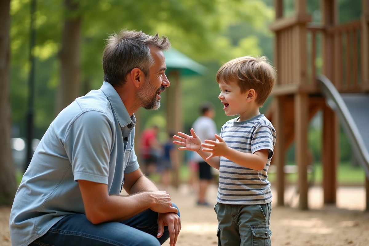 Pere écoute attentivement son fils au parc