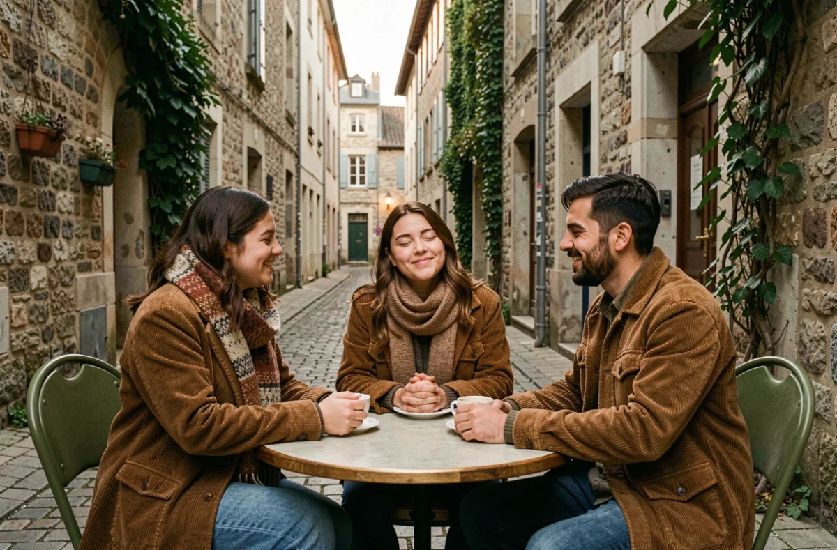 Groupe d'amis réunis en terrasse de café dans une rue pavée française, partageant un moment musical complice à l'automne