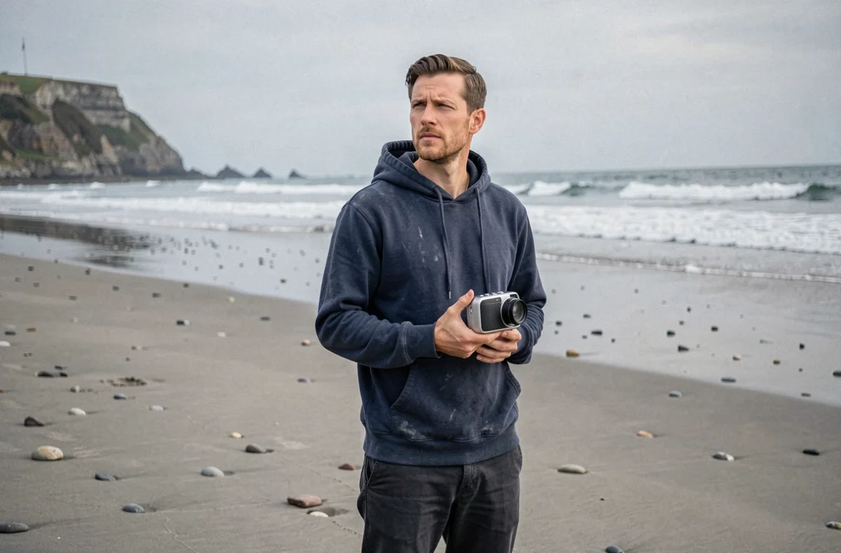 Homme seul sur une plage bretonne venteuse tenant un haut-parleur portable, regard perdu vers l'horizon dans une atmosphère mélancolique et contemplative