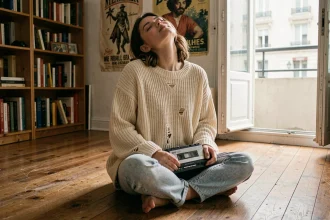 Jeune femme écoutant de la musique sur un lecteur cassette dans un appartement parisien vintage, plongée dans une atmosphère nostalgique et intime