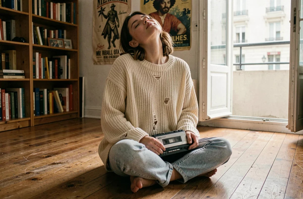 Jeune femme écoutant de la musique sur un lecteur cassette dans un appartement parisien vintage, plongée dans une atmosphère nostalgique et intime