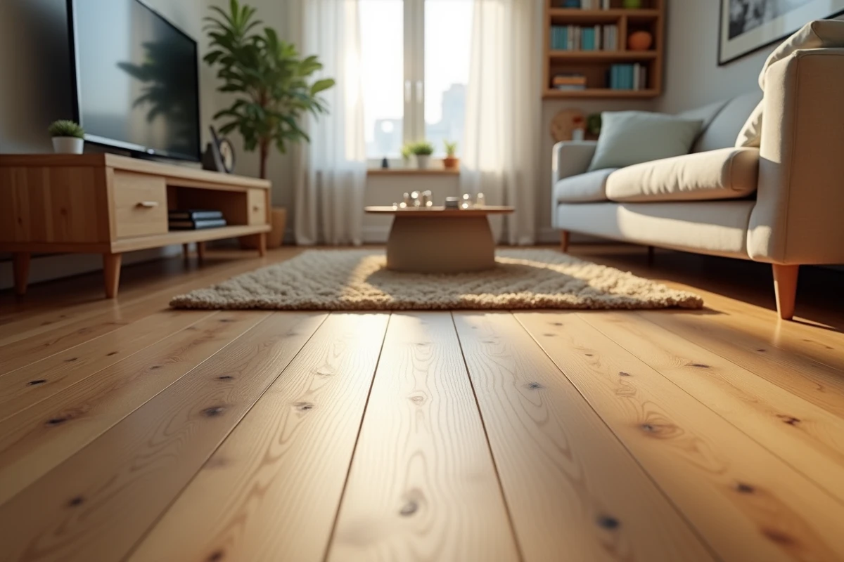 Parquet en chêne massif à larges lames dans un salon familial avec patine naturelle et rayures d'usage