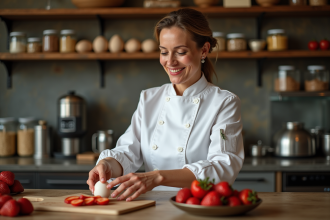 Pâtissière femme sélectionnant œufs et fraises fraîches