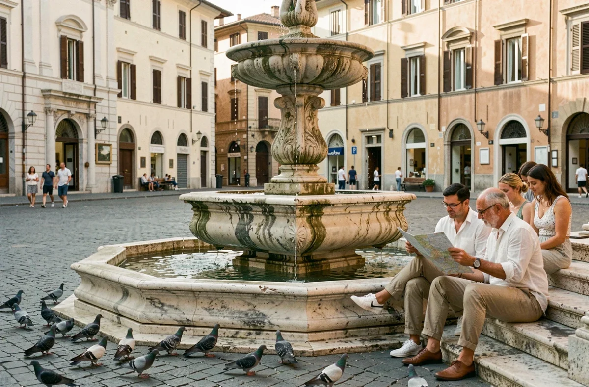 Place italienne avec fontaine en marbre et touristes consultant une carte dans une piazza Renaissance