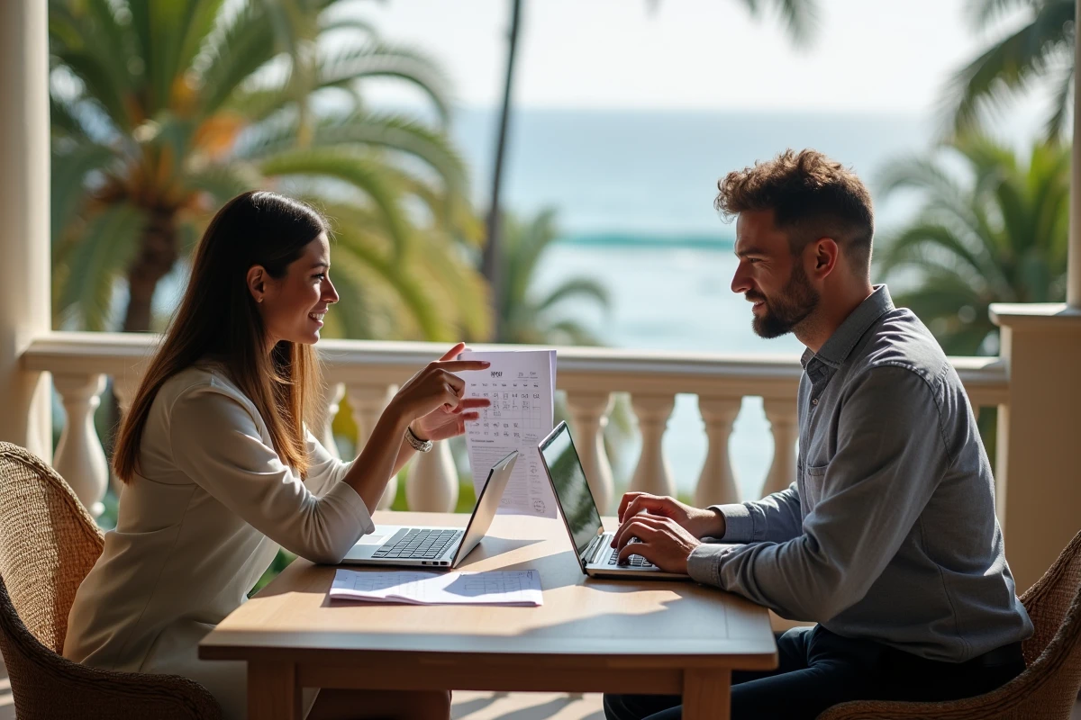Deux collègues en Guyane française planifiant une réunion internationale en consultant un calendrier et des horaires de fuseaux horaires sur une terrasse extérieure