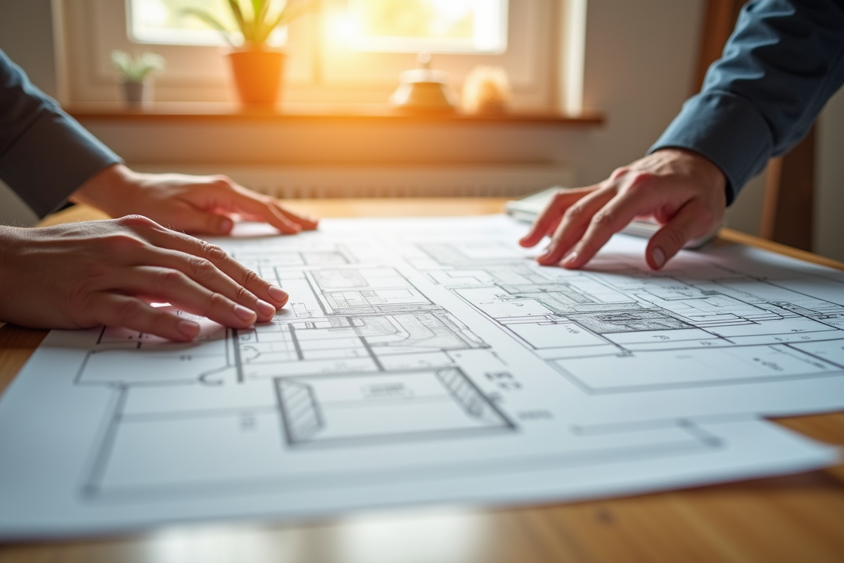 Plans architecturaux avec mains comparant isolation thermique