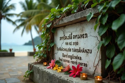 Plaque commémorative du tsunami de 2004 à Phuket en Thaïlande, couverte de végétation tropicale et entourée d'offrandes florales séchées