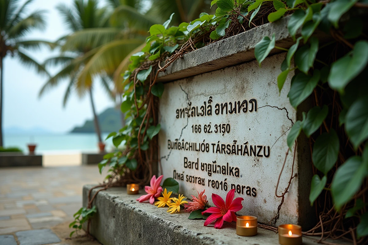 Plaque commémorative du tsunami de 2004 à Phuket en Thaïlande, couverte de végétation tropicale et entourée d'offrandes florales séchées
