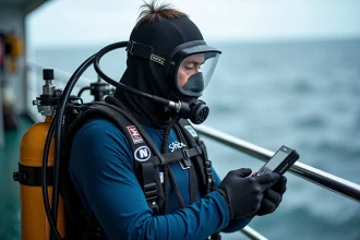 Plongeur en combinaison étanche prépare son équipement en mer