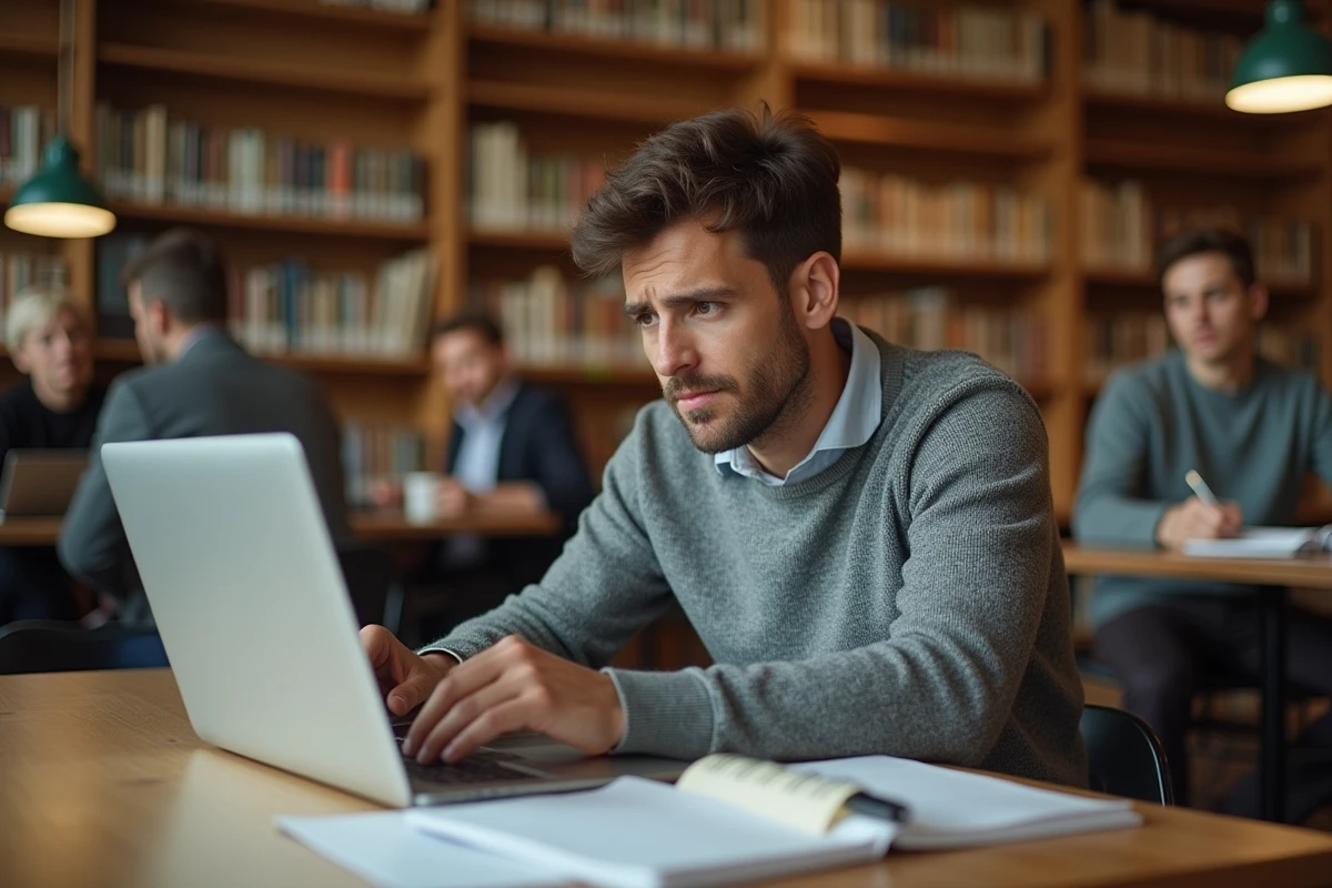Candidat au concours d'attaché territorial préparant son concours dans une bibliothèque publique avec notes et ressources en ligne