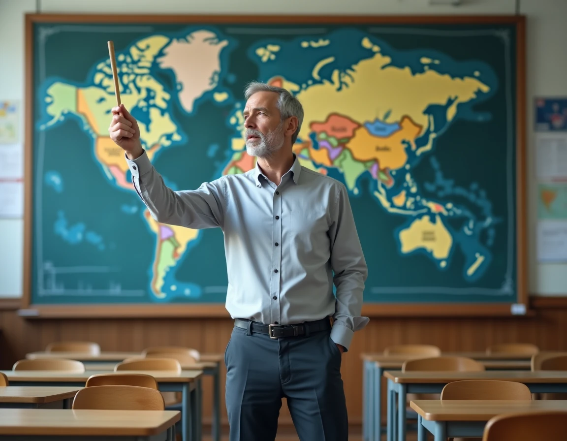 Professeur de géographie devant une carte politique mondiale en classe, désignant la Russie comme le plus grand pays du monde avec un pointeur
