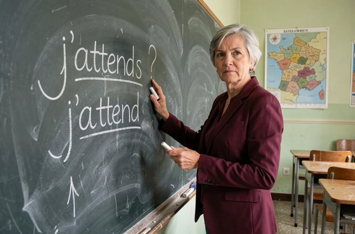 Professeure de français devant un tableau noir comparant les formes j'attends et j'attend