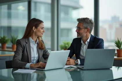 Deux professionnels en réunion dans un bureau moderne