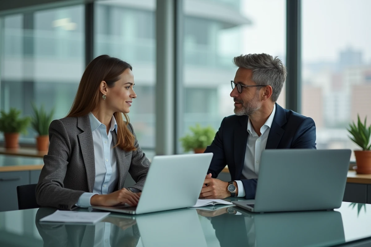 Deux professionnels en réunion dans un bureau moderne