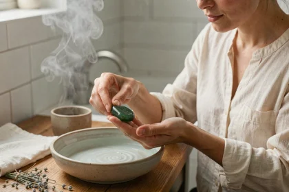 Femme purifiant une pierre porte-bonheur en aventurine verte dans un bol d'eau sur un comptoir en bois