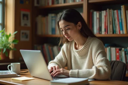 Jeune femme parcourant une application de lecture de manga sur un ordinateur portable dans une bibliothèque personnelle remplie de volumes de manga