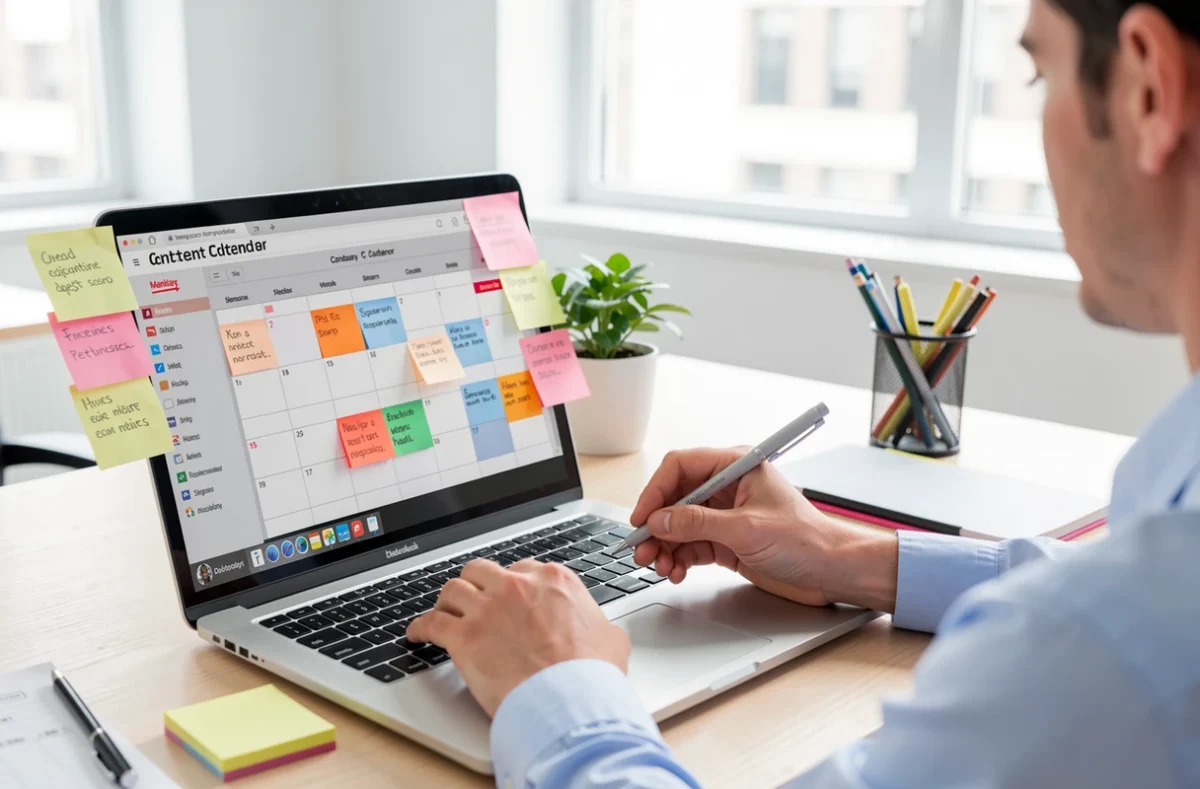 Responsable marketing préparant un calendrier de publications sur ordinateur