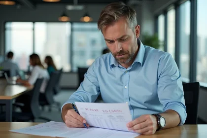 Responsable RH vérifiant un bulletin de paie avec des minutes converties en centièmes pour éviter les litiges salariaux
