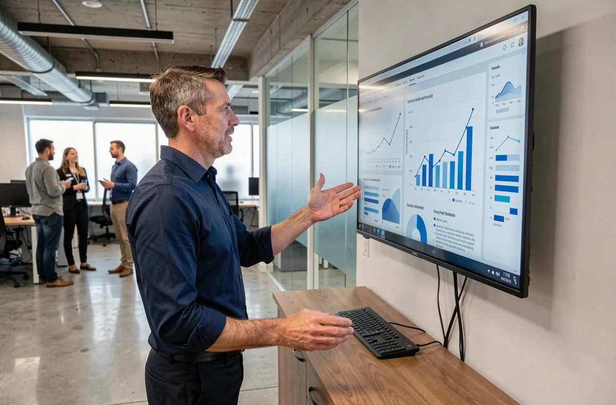 Homme en réunion d'équipe analysant des données sur un écran mural dans un bureau moderne, évoquant l'impact des nouvelles pratiques numériques en entreprise