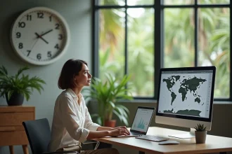 Femme professionnelle à son bureau en Guyane française consultant une horloge murale et un écran affichant les fuseaux horaires pour organiser une réunion