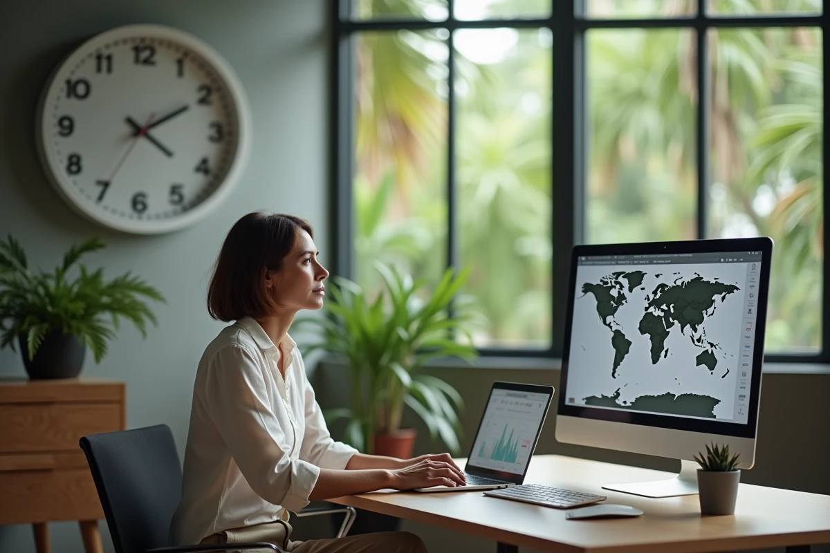 Femme professionnelle à son bureau en Guyane française consultant une horloge murale et un écran affichant les fuseaux horaires pour organiser une réunion