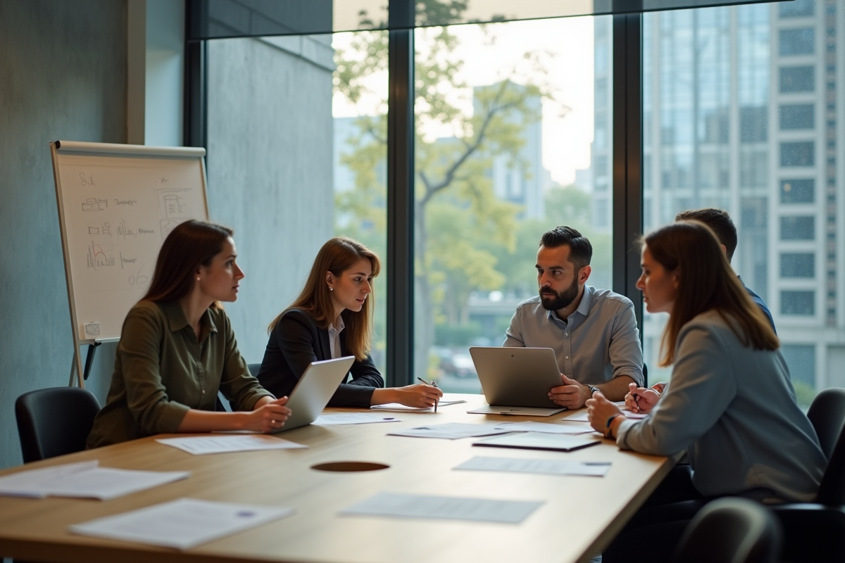 Groupe de professionnels en discussion dans un bureau moderne