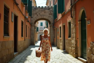 Ruelle pavée d'une ville italienne historique avec façades en pierre et volets en bois vert