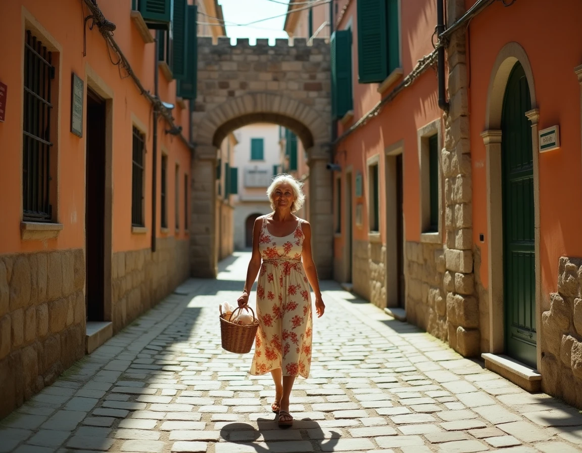Ruelle pavée d'une ville italienne historique avec façades en pierre et volets en bois vert