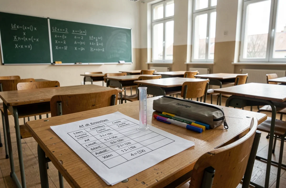 Salle de classe de collège avec fiche imprimée tableau de conversion litres centimètres cubes posée sur un bureau d'élève