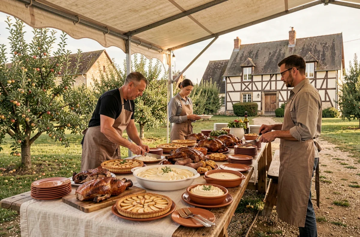 Équipe de traiteur Encoignard dressant un buffet de spécialités normandes lors d'un événement en plein air dans le Pays d'Auge