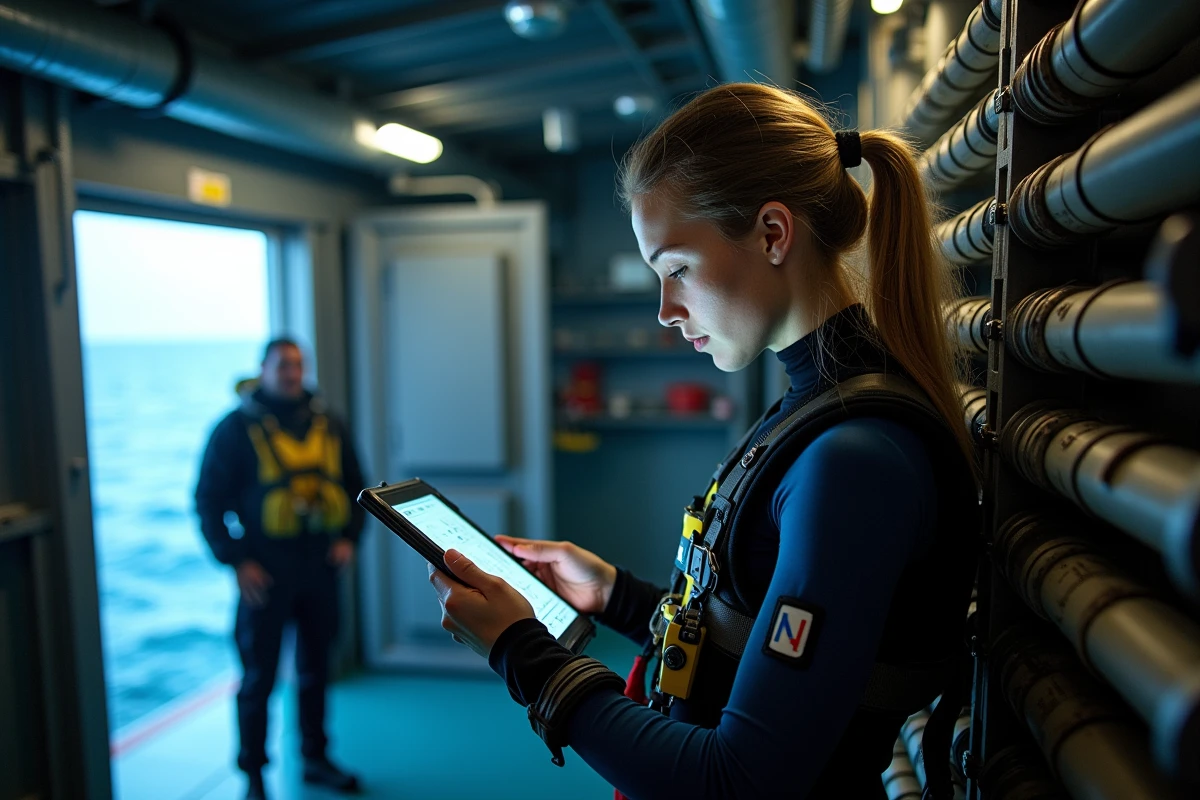 Jeune scientifique marine analyse une carte de plongée sur tablette