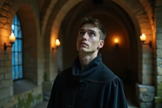 Jeune sorcier en robe académique sombre dans un couloir de château médiéval en pierre, regard tourné vers le haut avec émerveillement, ambiance Harry Potter