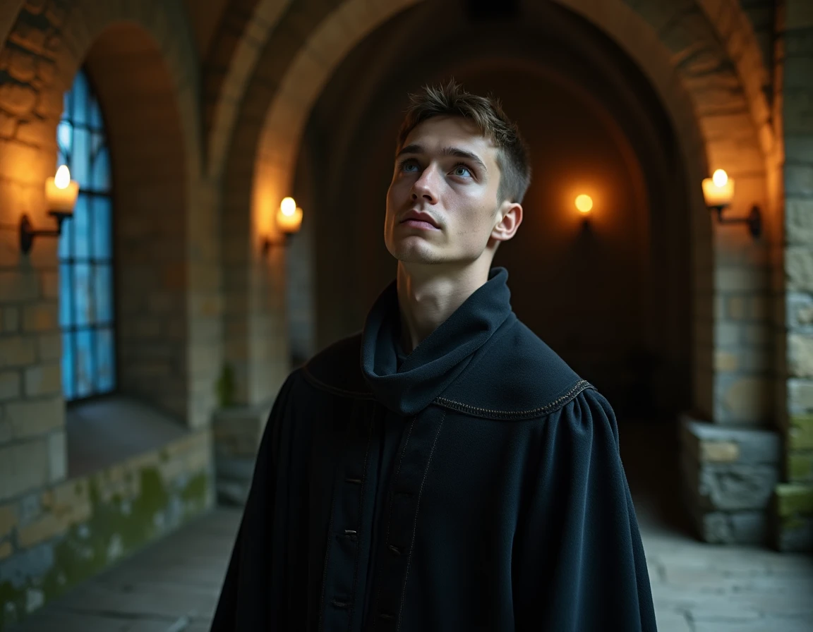 Jeune sorcier en robe académique sombre dans un couloir de château médiéval en pierre, regard tourné vers le haut avec émerveillement, ambiance Harry Potter