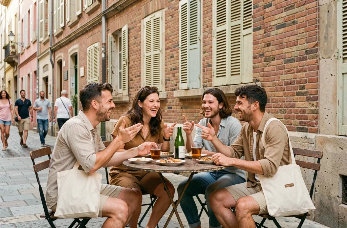 Groupe de jeunes adultes attablés en terrasse à Toulouse, ambiance conviviale et détendue dans un quartier typique aux façades en briques roses