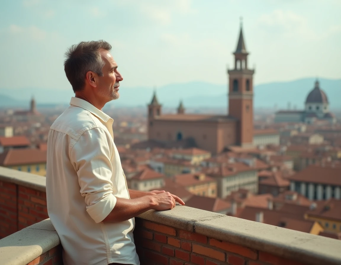 Homme sur une terrasse avec vue panoramique sur les toits en tuiles rouges d'une ville italienne