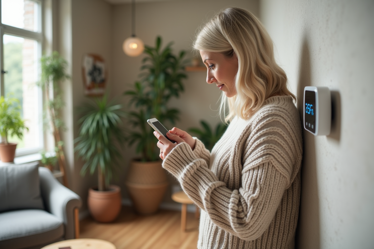 Femme ajustant un thermostat moderne dans un salon écologique