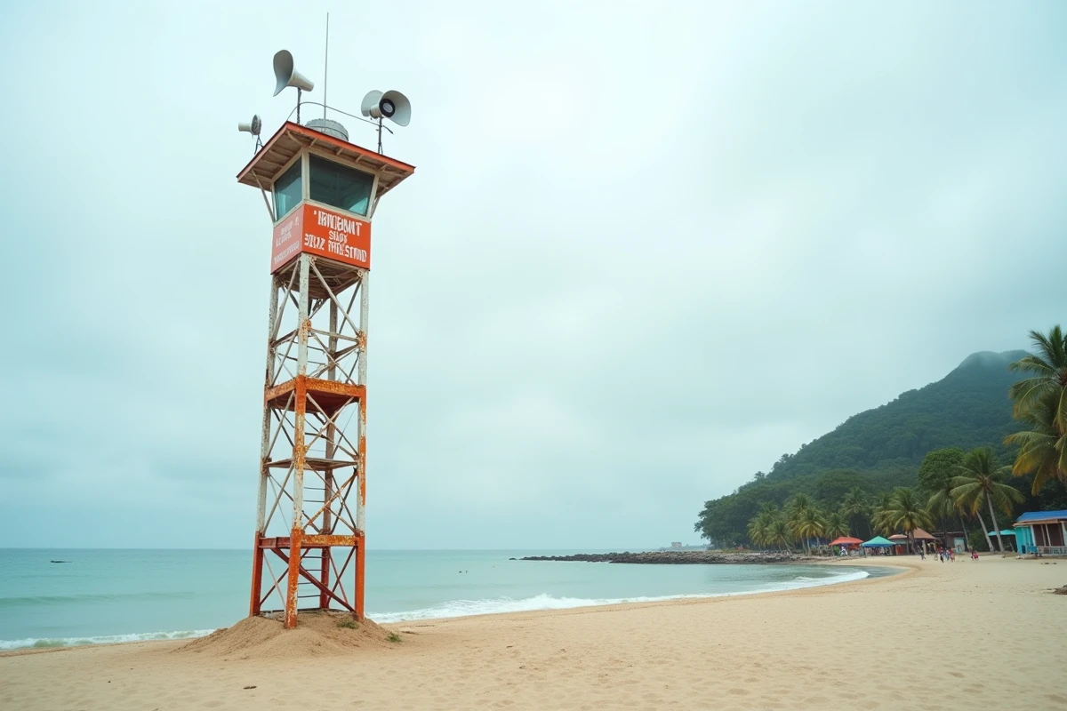 Tour d'alerte au tsunami sur la plage de Phuket en Thaïlande, structure orange et blanche équipée de sirènes et de panneaux solaires face à la mer d'Andaman