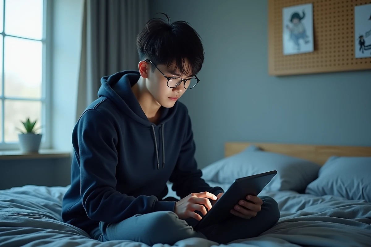 Jeune homme avec des lunettes cherchant un manga introuvable sur une tablette depuis sa chambre minimaliste