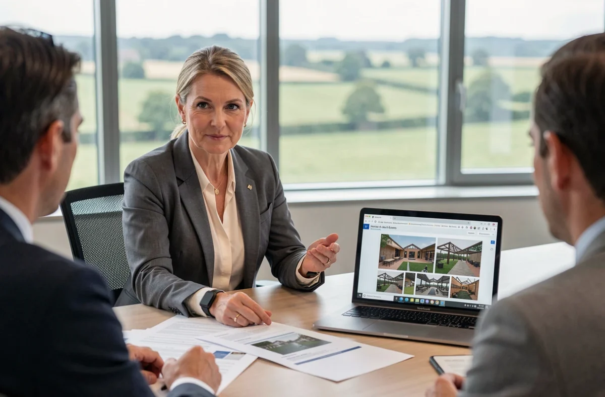 Consultante en organisation événementielle Valérie Leseigneur en réunion avec des clients dans un bureau moderne en Normandie