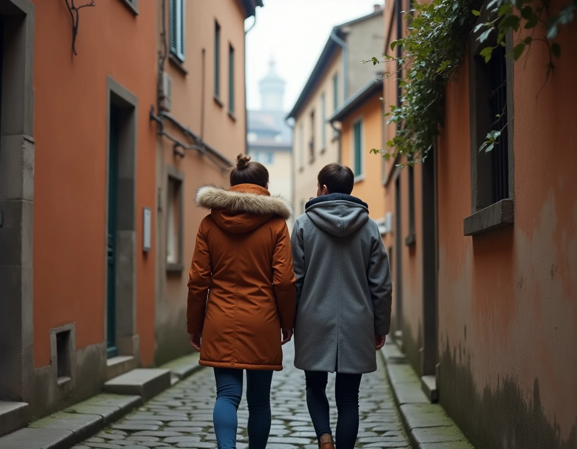 Couple explorant la montée des Chazeaux dans le Vieux-Lyon un dimanche matin le long des ruelles Renaissance