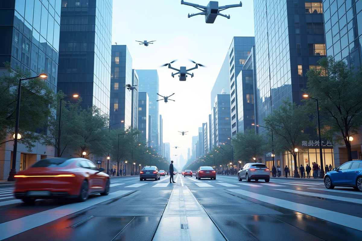 Intersection urbaine en 2025 avec véhicules autonomes et drones