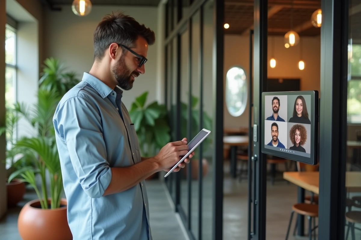 Homme en télétravail dans un espace de coworking en Guyane française gérant un appel vidéo international en tenant compte du décalage horaire